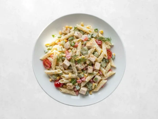 Salata od tjestenine, piletine i povrća, kruh